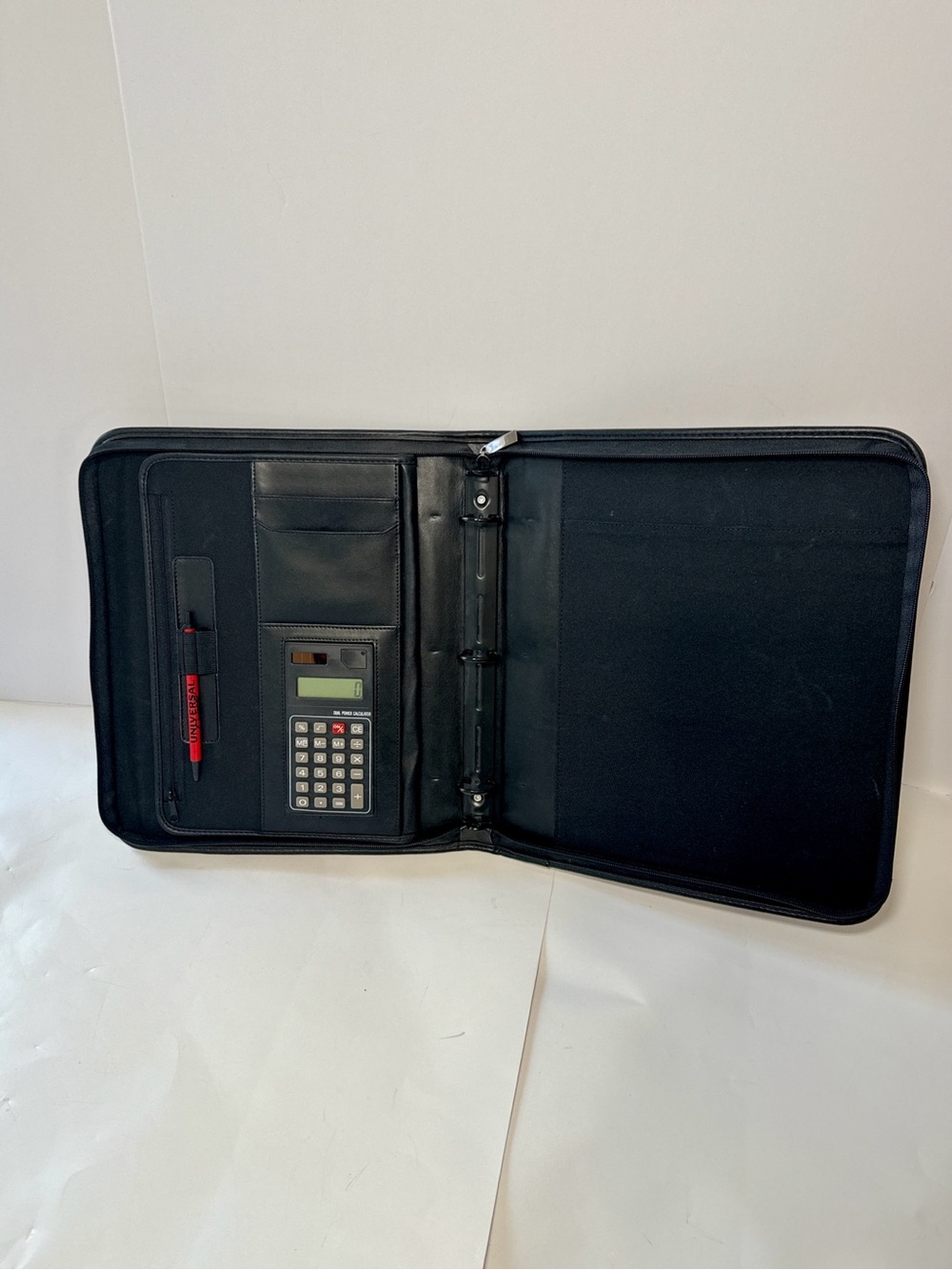 Black Zipper Portfolio Binder Organizer with Calculator 3 Ring Business Padfolio
